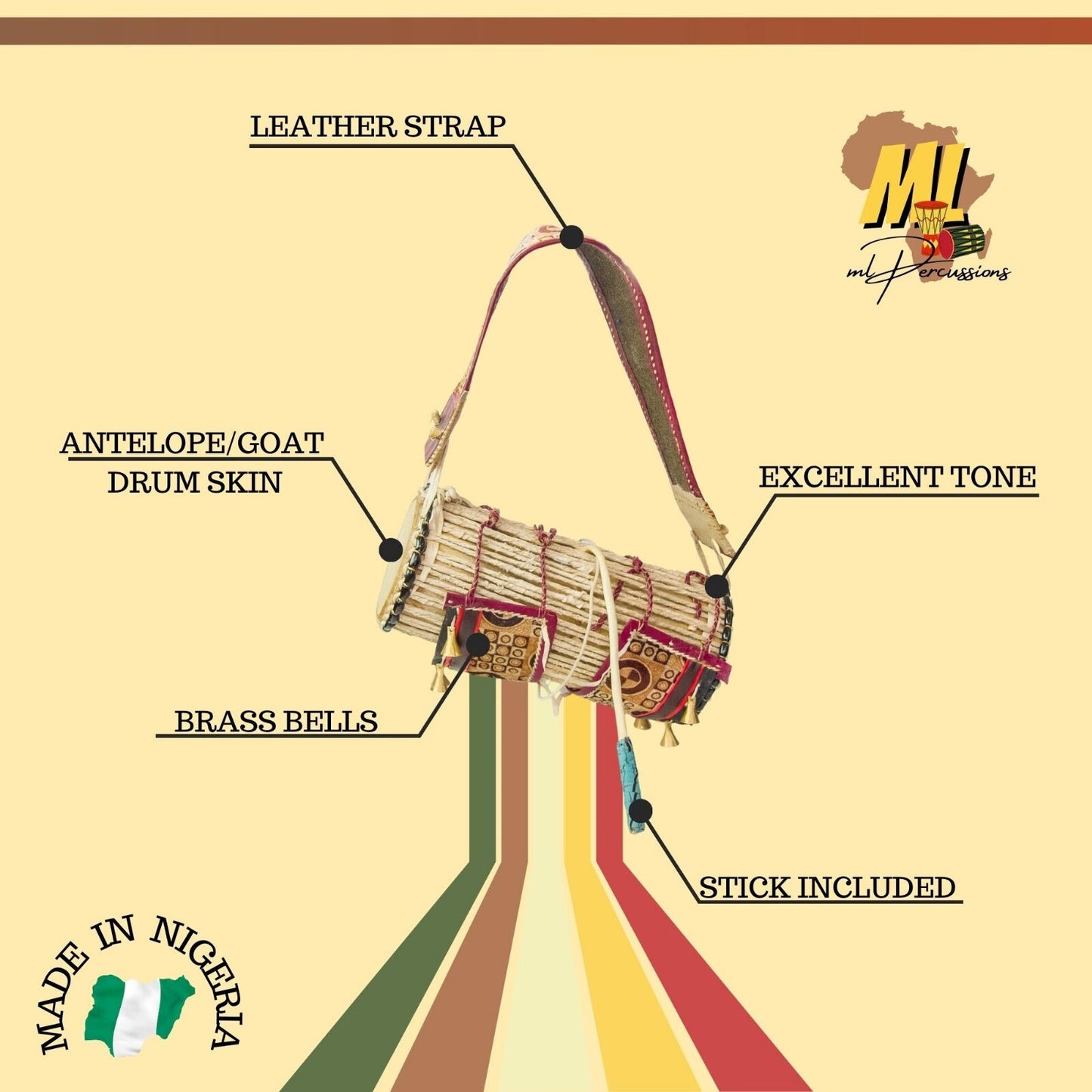 Authentic Nigerian Traditional Talking Drum Iya-Ilu GanGan (Large Mother Drum) with Bells 33x33x45cm 4kg with Wooden Beater included Free - ML Percussions