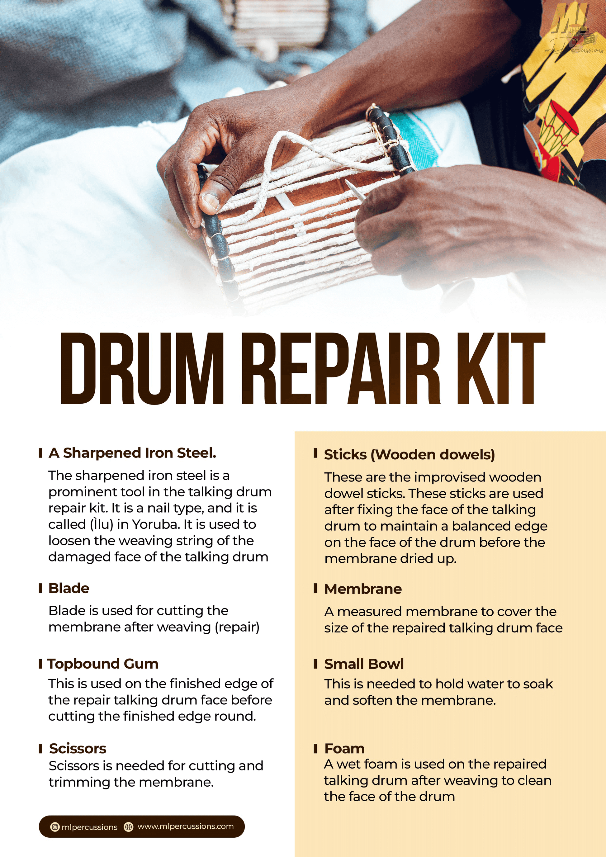 Drum repair kit with text and images of drum repair tools.