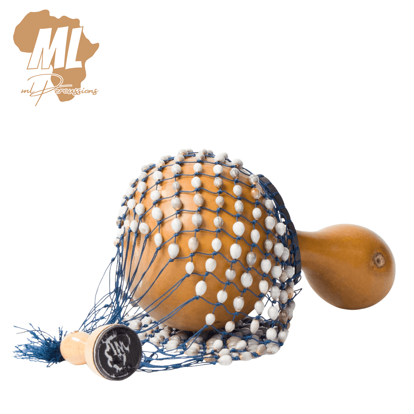 Shekere with beads on a white background, featuring the ML Percussion logo in the corner.